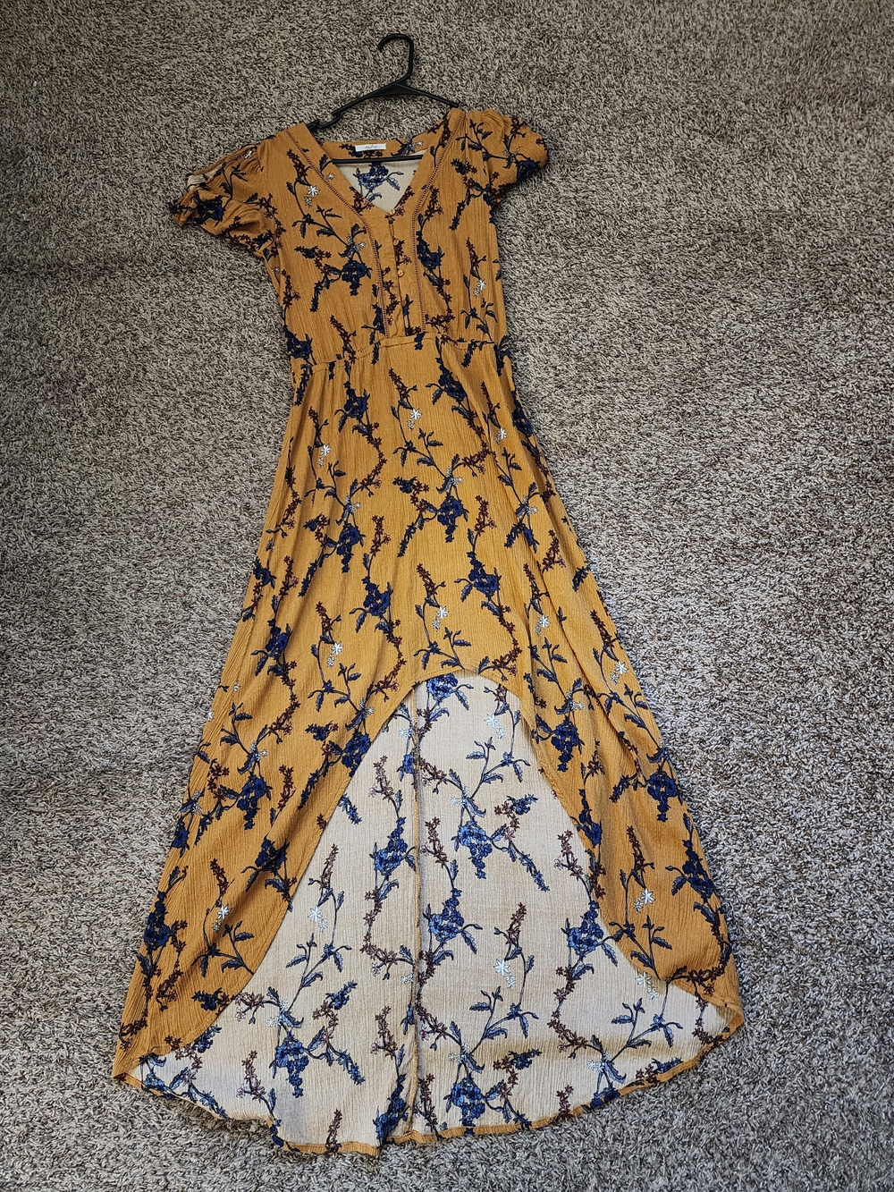 Maurices Mustard Maxi Dress with Navy Floral Print